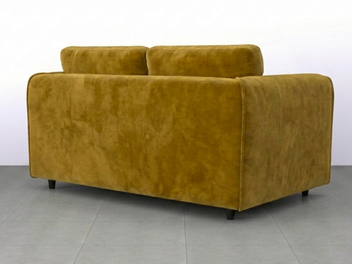 Gamzo Outlet plush velvet 2-seater sofa with full back in mustard color, featuring soft fabric and modern design.