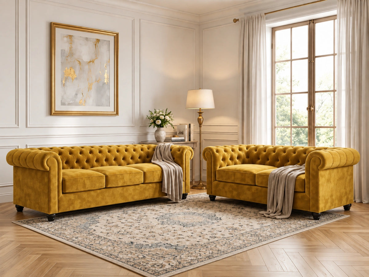 Gamzo Outlet Chesterfield plush velvet fabric sofa set, mustard 2-seater sofa with tufted back and rolled arms.