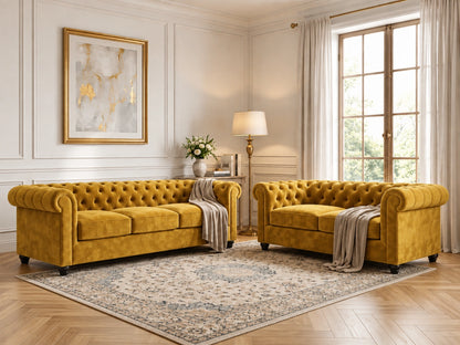 Gamzo Outlet Chesterfield plush velvet fabric sofa set, mustard 2-seater sofa with tufted back and rolled arms.