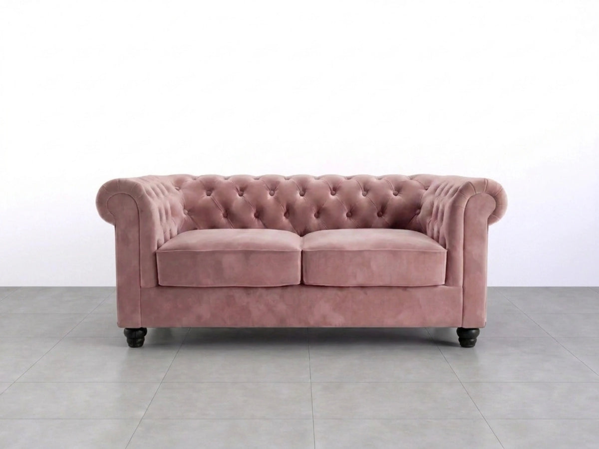 Pink plush velvet fabric sofa set by Gamzo Outlet, 2-seater Chesterfield style with tufted back and rolled arms.