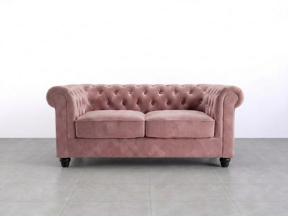 Pink plush velvet fabric sofa set by Gamzo Outlet, 2-seater Chesterfield style with tufted back and rolled arms.