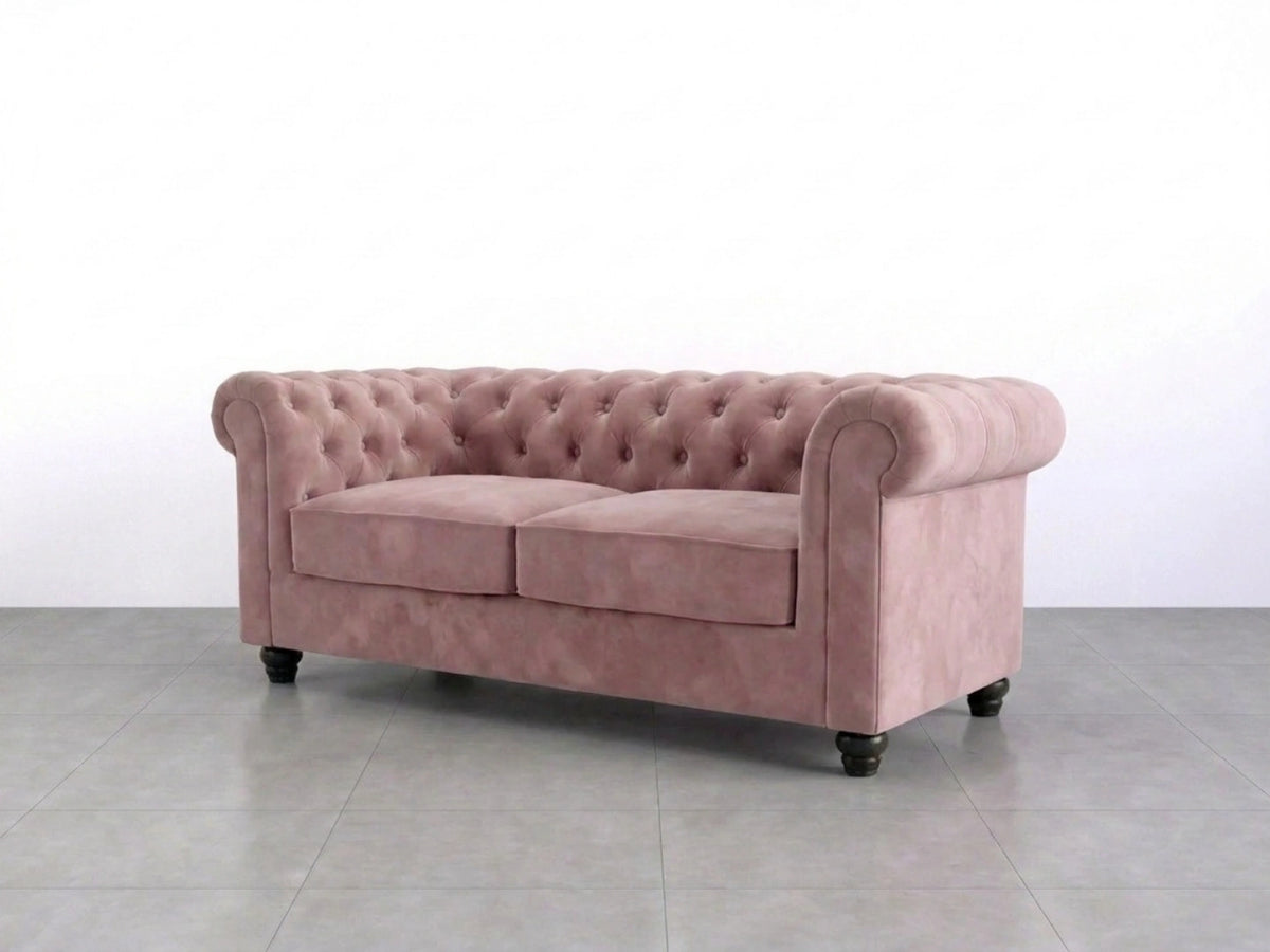 Pink velvet two-seater sofa from Gamzo Outlet Chesterfield plush fabric sofa set, showcasing soft, luxurious upholstery.