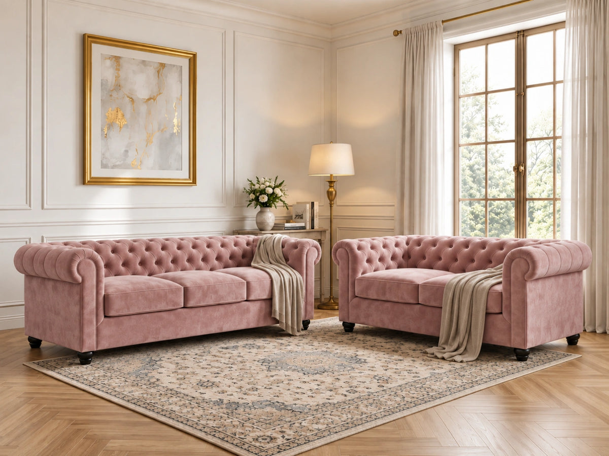Pink plush velvet fabric 2-seater sofa from Gamzo Outlet Chesterfield set, featuring tufted cushions and elegant design.