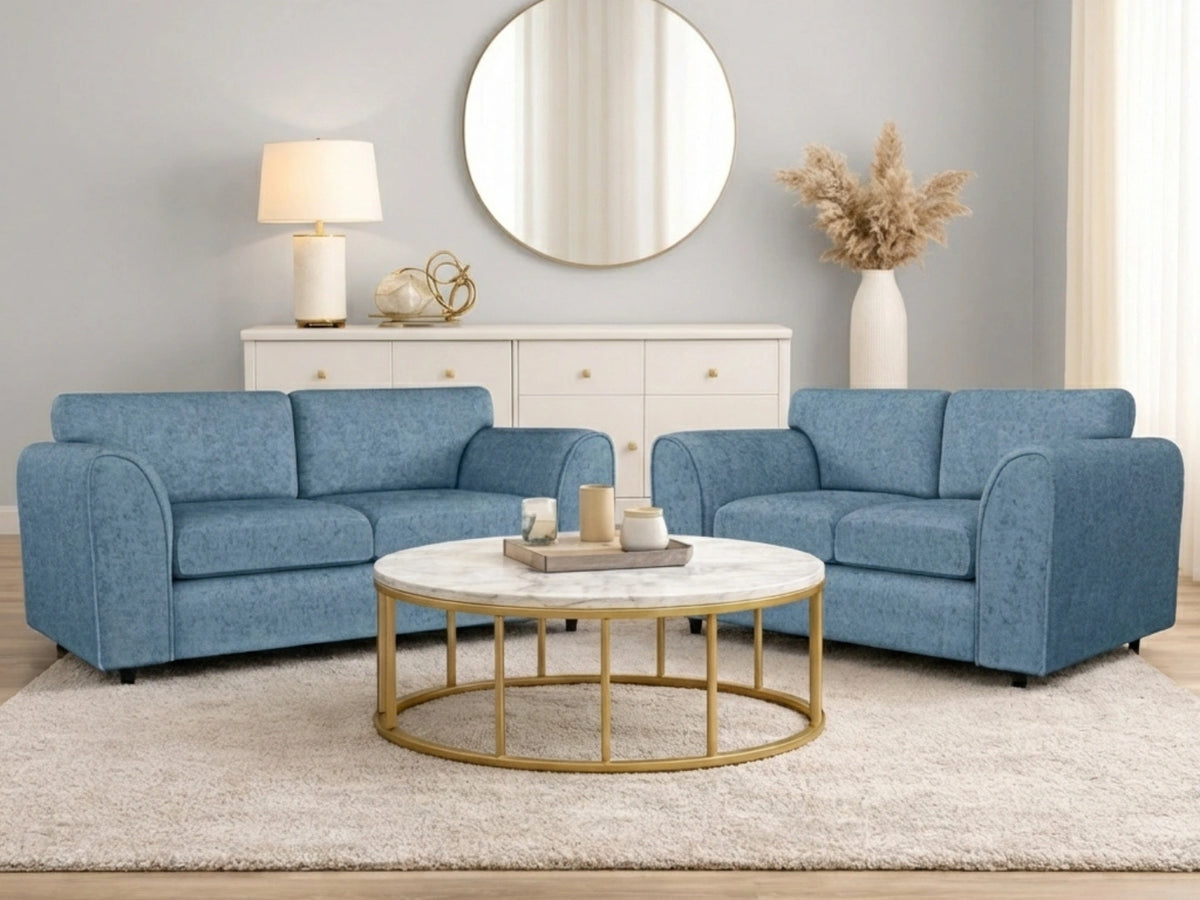 Sky blue Gamzo Outlet Alaska Fabric full back 2-seater sofa set with plush cushions and modern design.