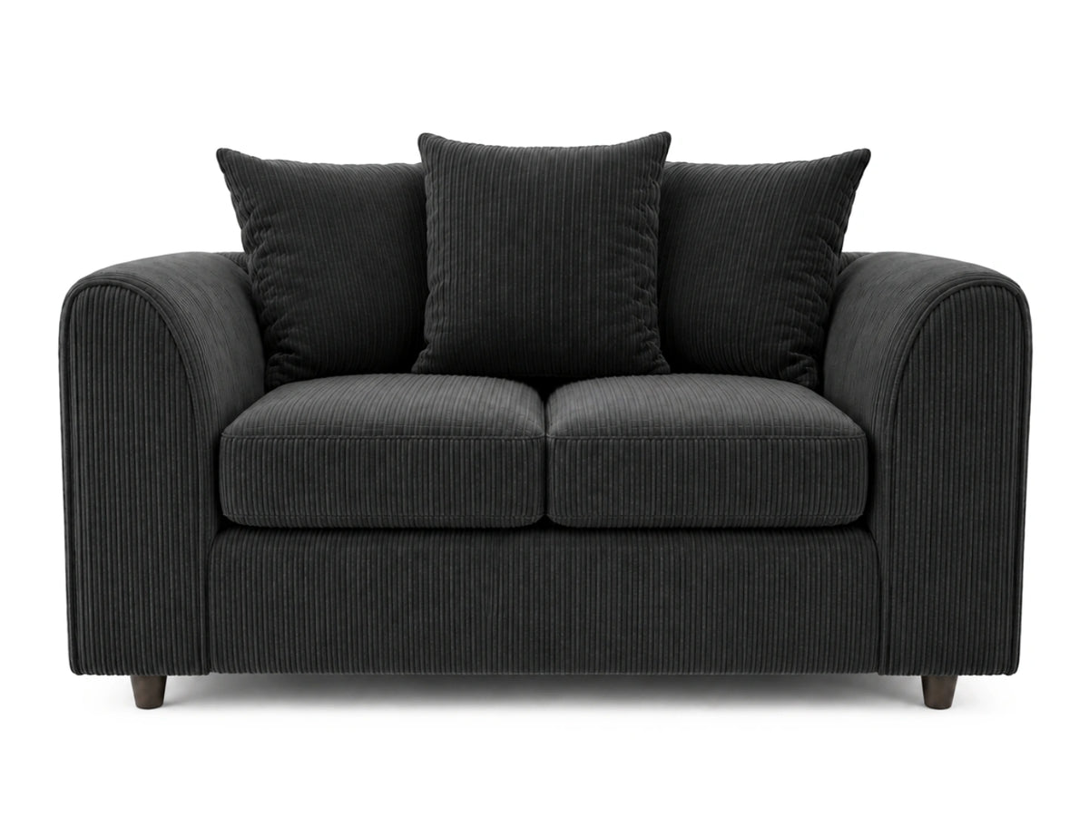 Black jumbo cord fabric 2-seater sofa from Gamzo Outlet with a scatter back design, showcasing plush cushions and modern style.