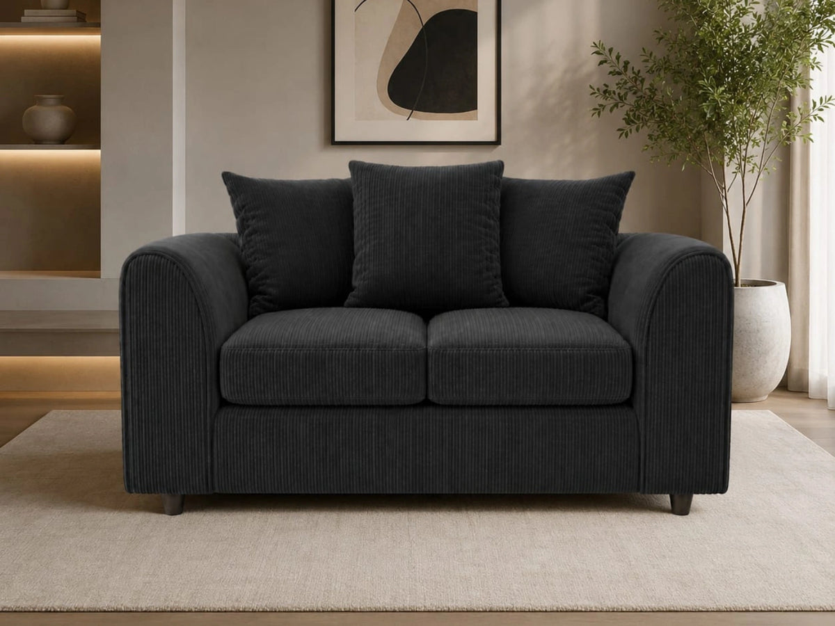 Black jumbo cord fabric 2-seater sofa from Gamzo Outlet with scatter back cushions, stylish and comfortable living room furniture.