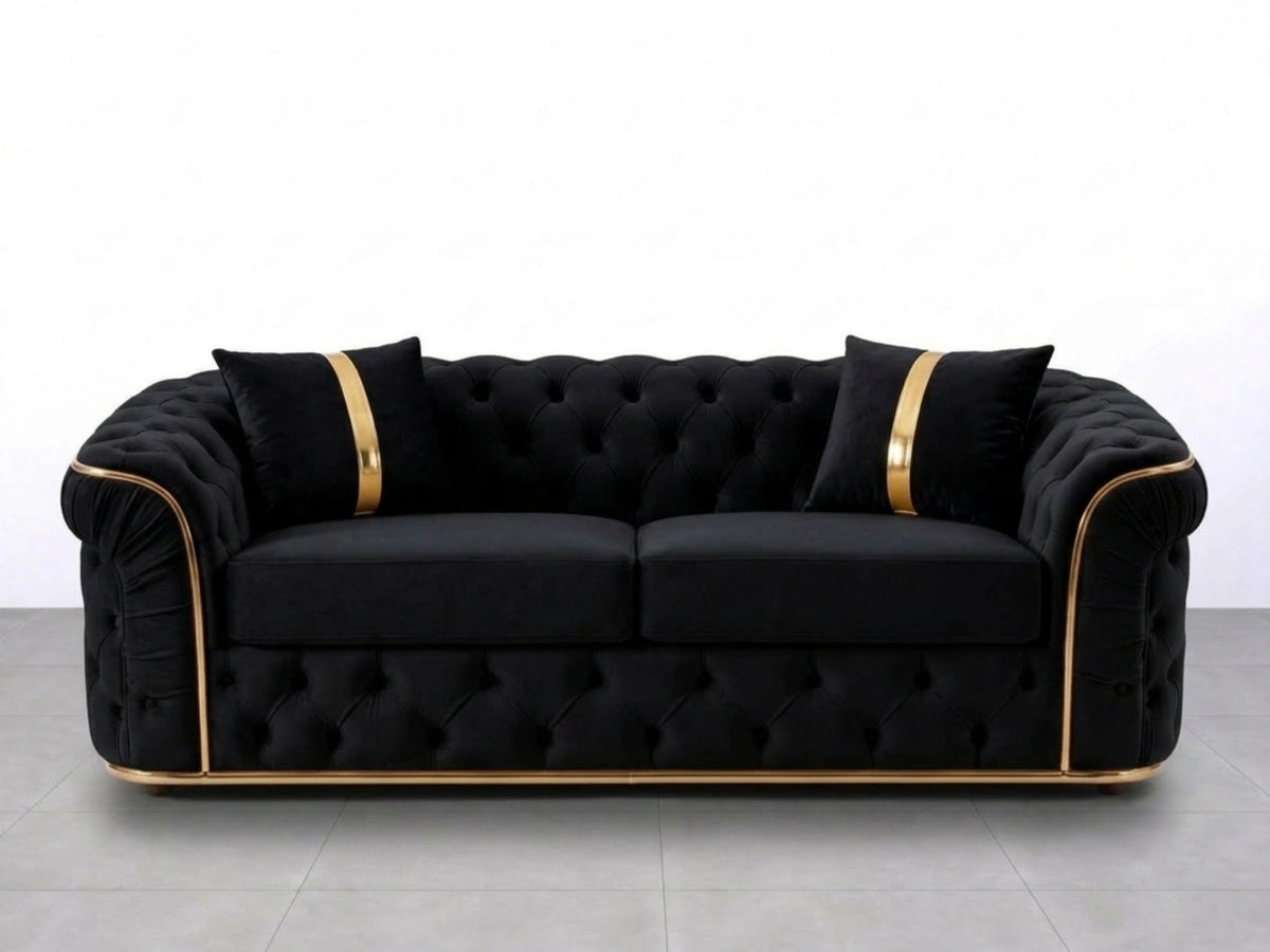 Black Gamzo Outlet Chesterfield sofa set with a two-seater design and tufted upholstery, stylish and comfortable for living rooms.
