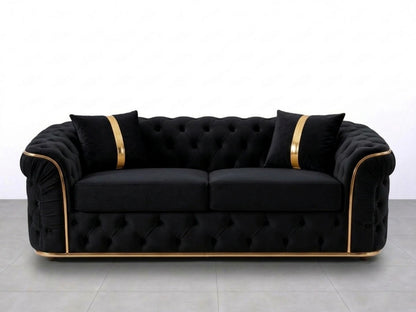 Black Gamzo Outlet Chesterfield sofa set with a two-seater design and tufted upholstery, stylish and comfortable for living rooms.