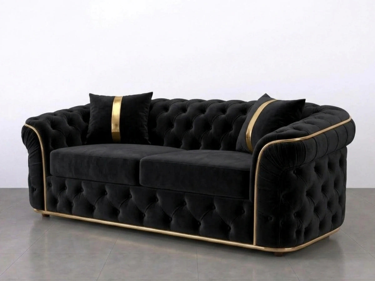 Black Gamzo Outlet Chesterfield sofa set with a stylish 2-seater design, featuring deep button tufting and rolled arms.