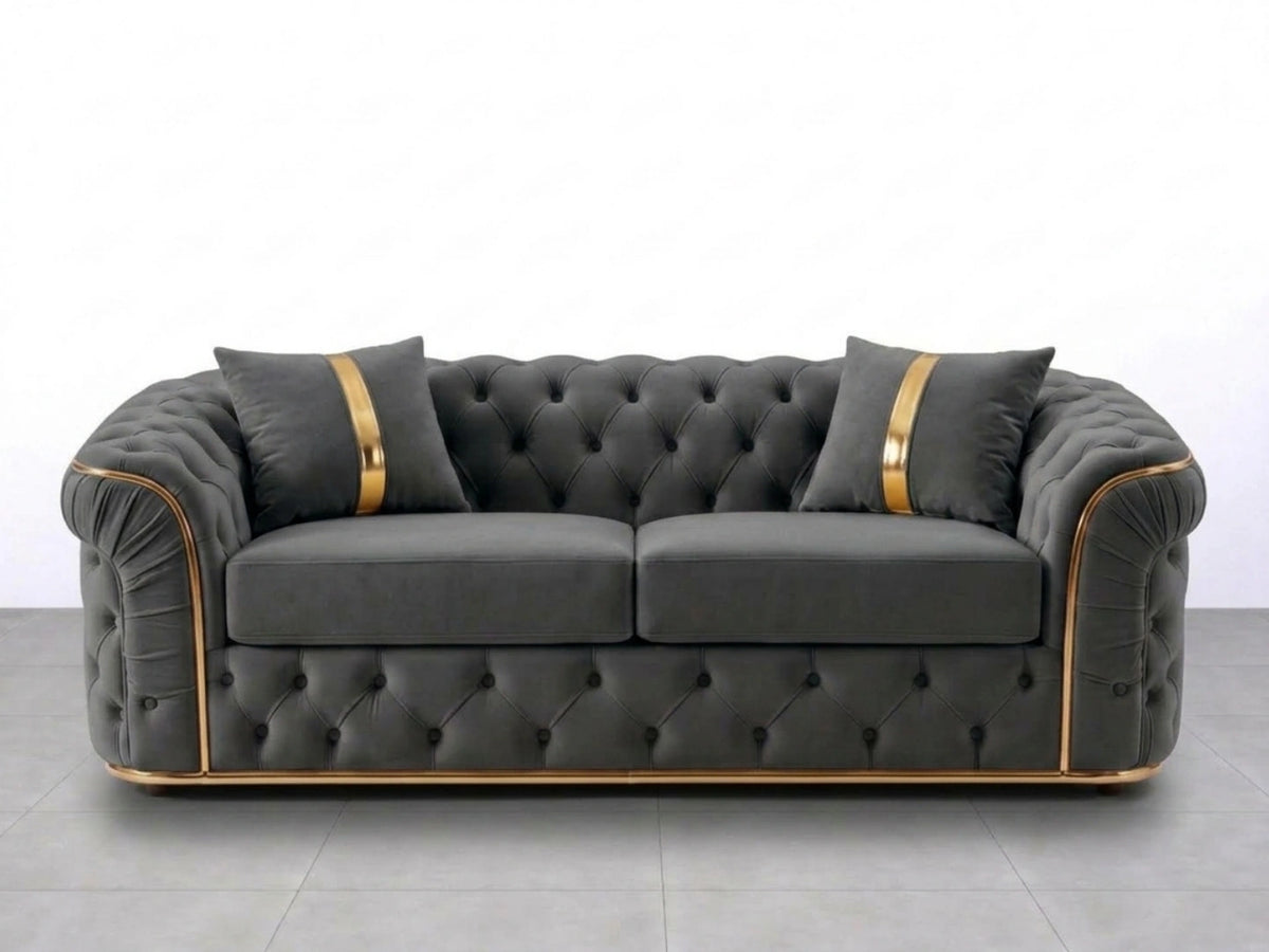 Dark grey Gamzo Outlet Chesterfield sofa set 2-seater with classic tufted design and rolled arms, stylish and comfortable for living rooms.