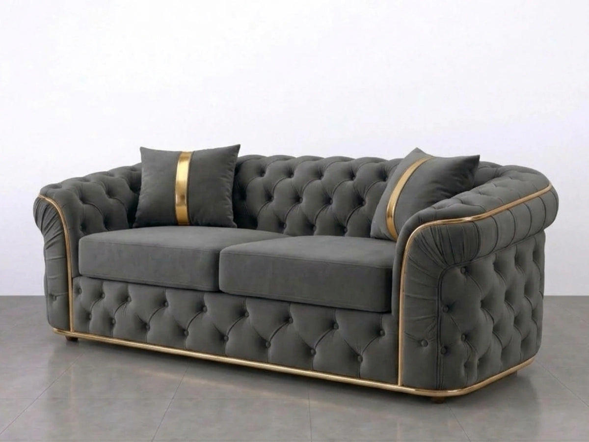 Dark grey Gamzo Outlet Chesterfield sofa set with a stylish 2-seater design, elegant tufted upholstery, and rolled arms.