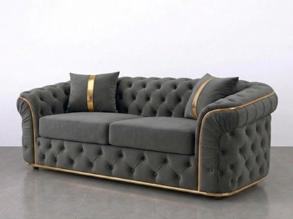 Dark grey Gamzo Outlet Chesterfield sofa set with a stylish 2-seater design, elegant tufted upholstery, and rolled arms.