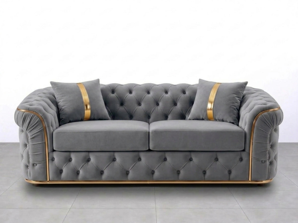 Light grey Gamzo Outlet Chesterfield sofa set with a stylish 2-seater design, featuring button-tufted upholstery and rolled arms.