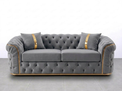 Light grey Gamzo Outlet Chesterfield sofa set with a stylish 2-seater design, featuring button-tufted upholstery and rolled arms.