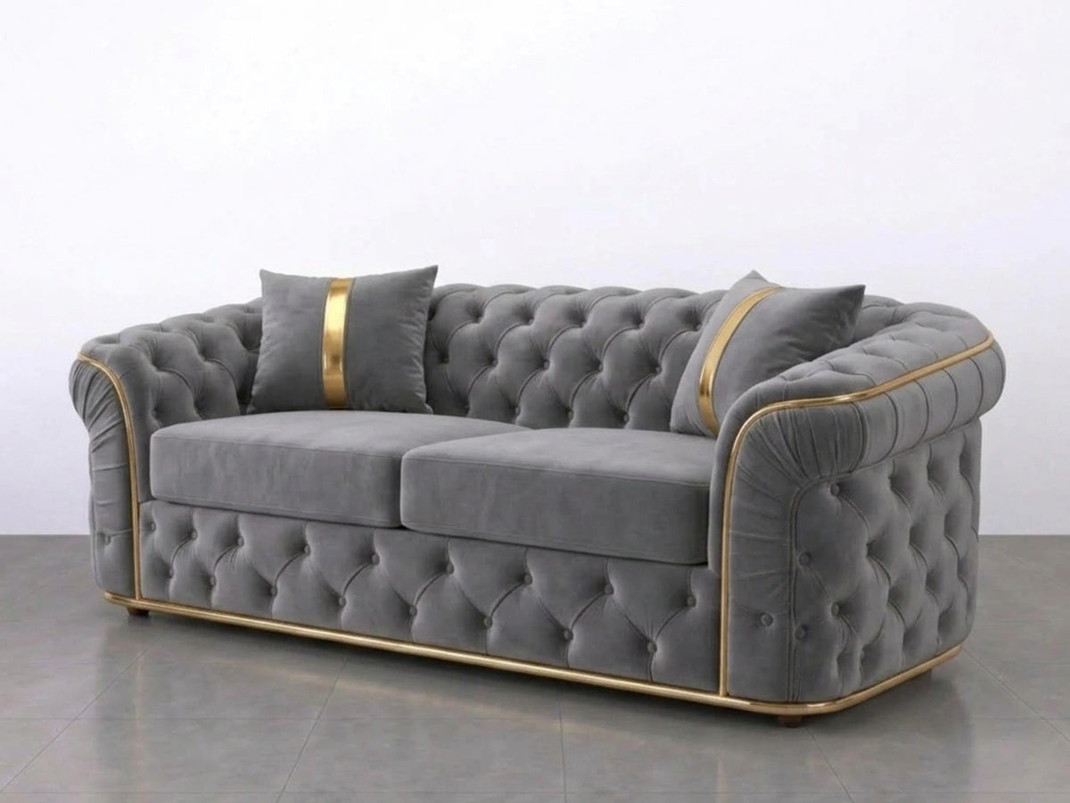 Light grey Gamzo Outlet Chesterfield sofa set with a 2-seater design, featuring classic button-tufted upholstery and rolled arms.