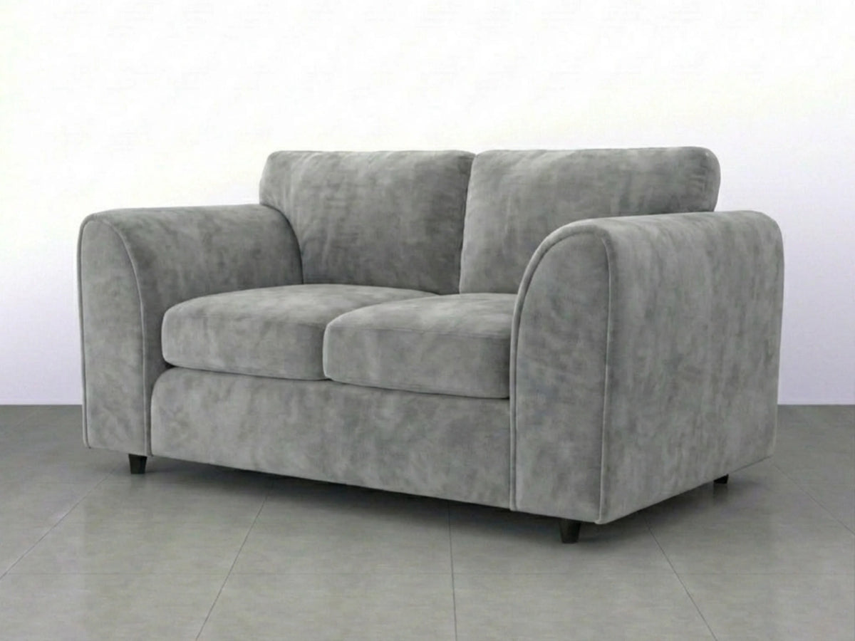 Light grey plush velvet 2-seater sofa with full back by Gamzo Outlet, showcasing soft fabric and comfortable seating.