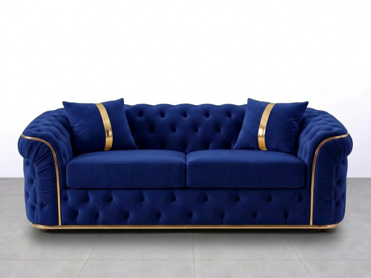 Midnight blue Chesterfield sofa set with a 2-seater design, featuring button-tufted upholstery and rolled arms from Gamzo Outlet.