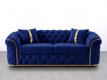 Midnight blue Chesterfield sofa set with a 2-seater design, featuring button-tufted upholstery and rolled arms from Gamzo Outlet.