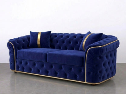 Midnight blue Gamzo Outlet Chesterfield sofa set with a stylish 2-seater design and tufted upholstery in a modern living room setting.