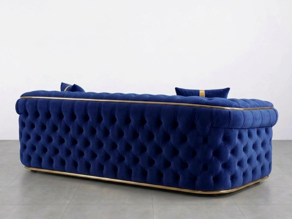Midnight blue Chesterfield sofa set with a 2-seater design from Gamzo Outlet, featuring tufted upholstery and rolled arms.