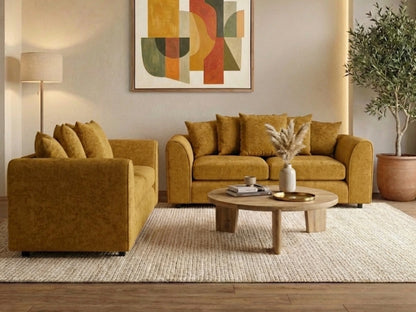Gamzo Outlet Alaska Fabric Scatter Back Sofa Set 2-seater in mustard with plush cushions and modern design.