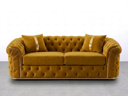 Gamzo Outlet Chesterfield sofa set with a mustard yellow 2-seater sofa featuring tufted upholstery and classic design.
