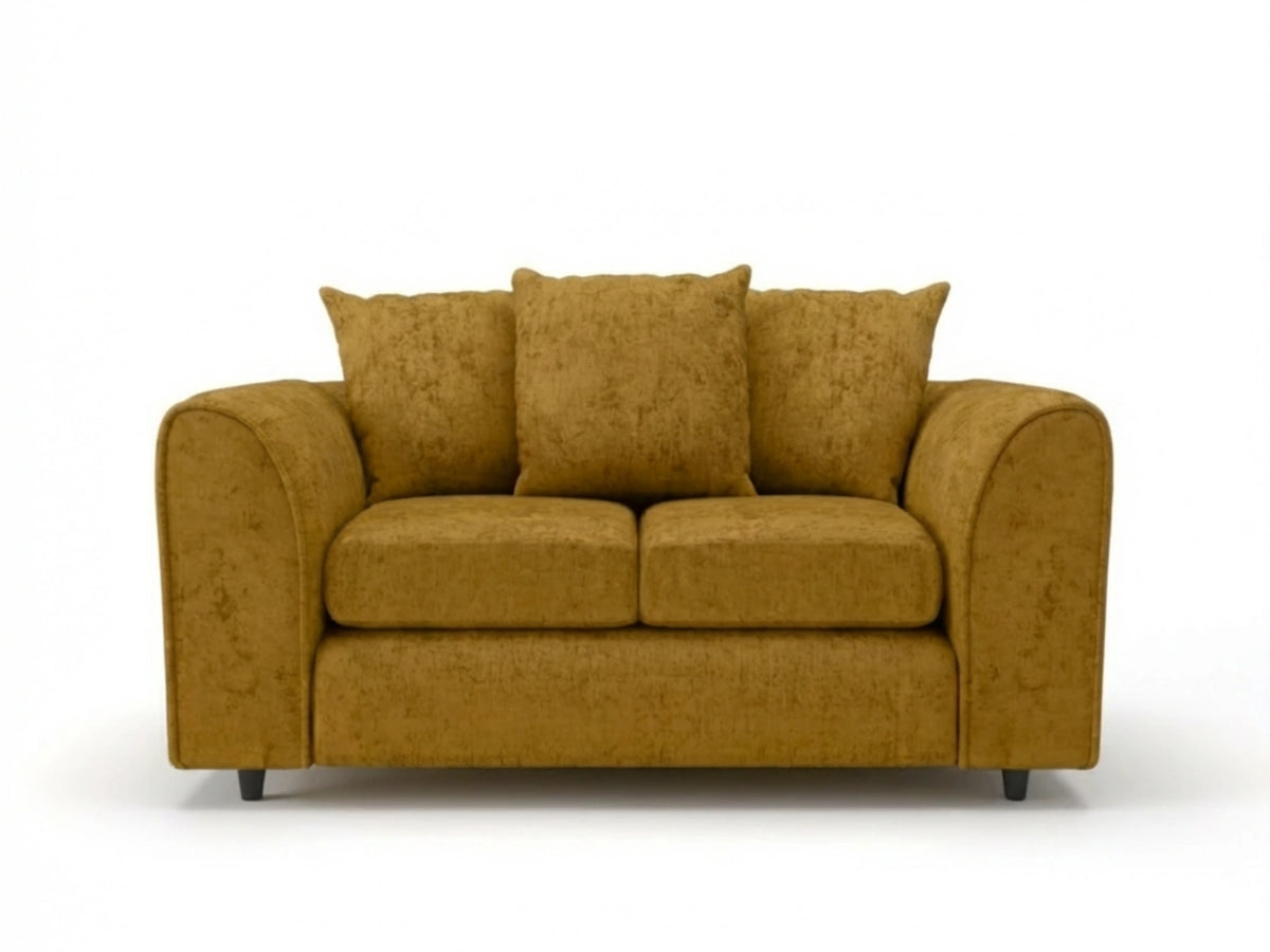 Gamzo Outlet Alaska fabric scatter back 2-seater sofa in mustard color, featuring plush cushions and modern design.