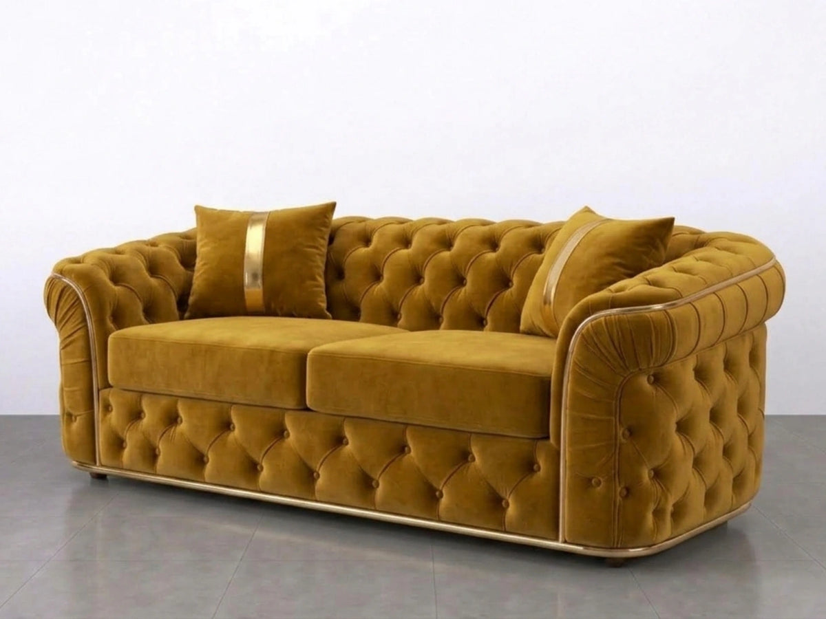 Gamzo Outlet Chesterfield sofa set 2-seater in mustard fabric with tufted cushions and rolled arms, stylish and comfortable living room furniture.