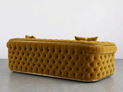 Gamzo Outlet Chesterfield sofa set 2-seater in vibrant mustard upholstery with tufted back and rolled arms.