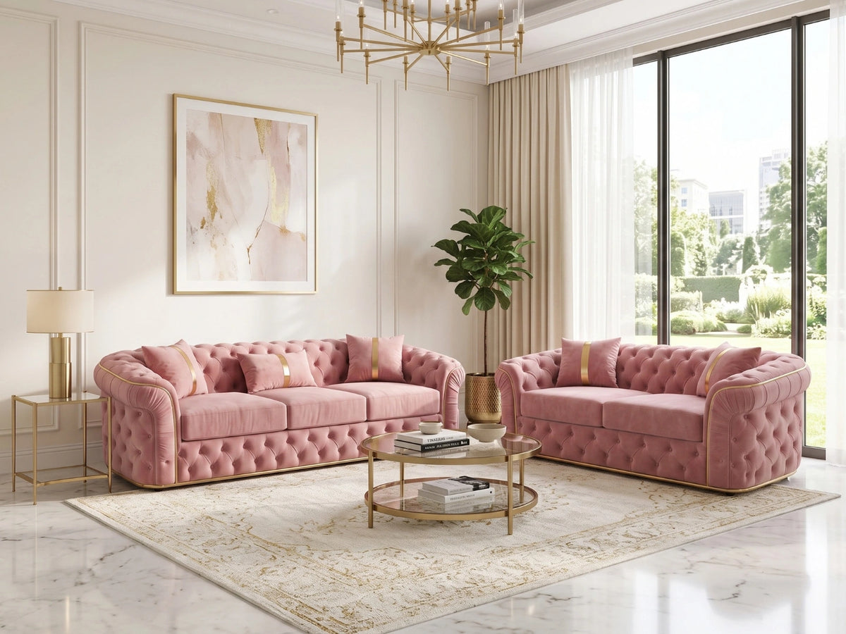 Pink Chesterfield sofa set with a two-seater design, featuring classic button tufting and elegant rolled arms.