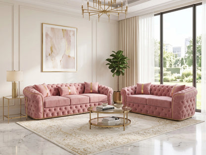 Pink Chesterfield sofa set with a two-seater design, featuring classic button tufting and elegant rolled arms.