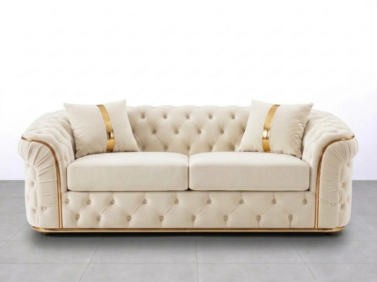 Cream Gamzo Outlet Chesterfield sofa set with a stylish 2-seater design and tufted detailing, perfect for elegant living rooms.