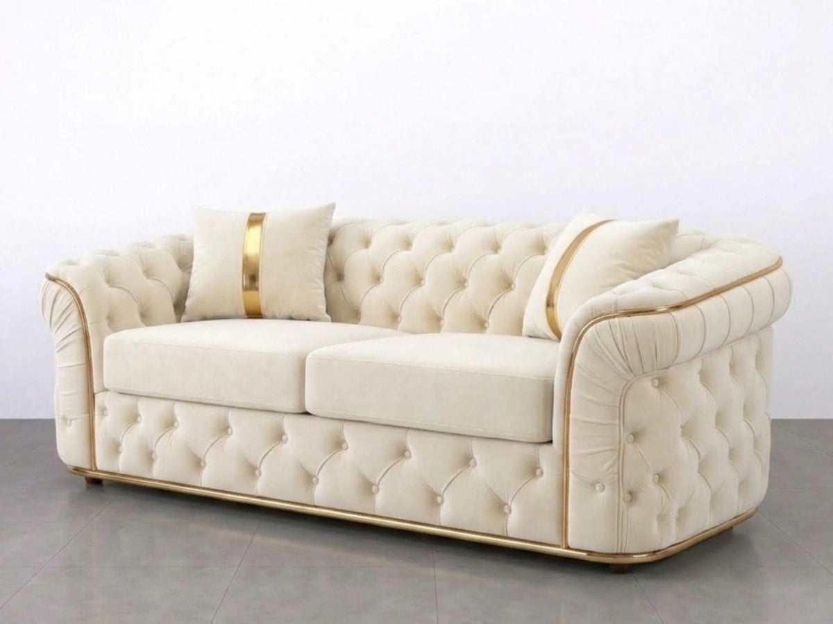 Cream Chesterfield sofa set with a two-seater design, featuring tufted upholstery and rolled arms, from Gamzo Outlet.