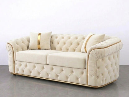 Cream Chesterfield sofa set with a two-seater design, featuring tufted upholstery and rolled arms, from Gamzo Outlet.
