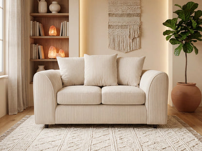 Cream jumbo cord fabric 2-seater sofa from Gamzo Outlet with scatter back cushions, stylish and comfortable living room furniture.