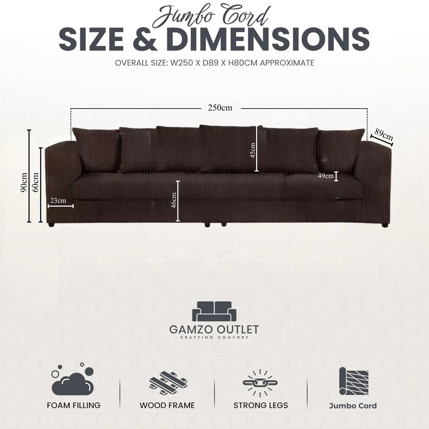 Jumbo Cord Fabric 4 Seater Scatter Back Sofa
