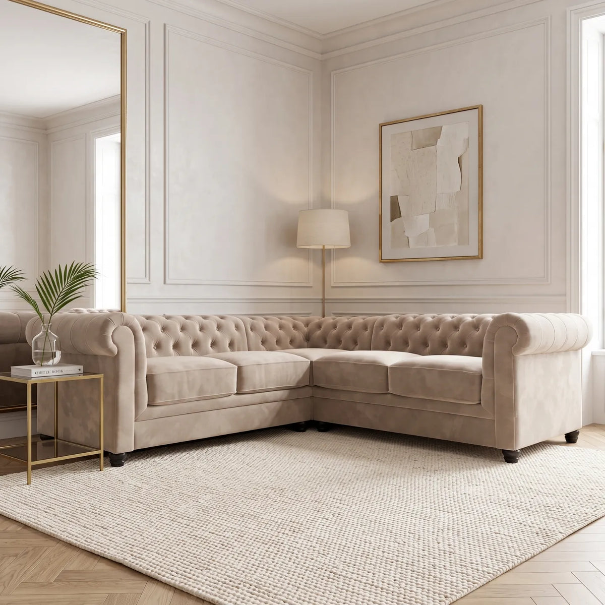 Chesterfield Plush Velvet Fabric Corner Sofa
