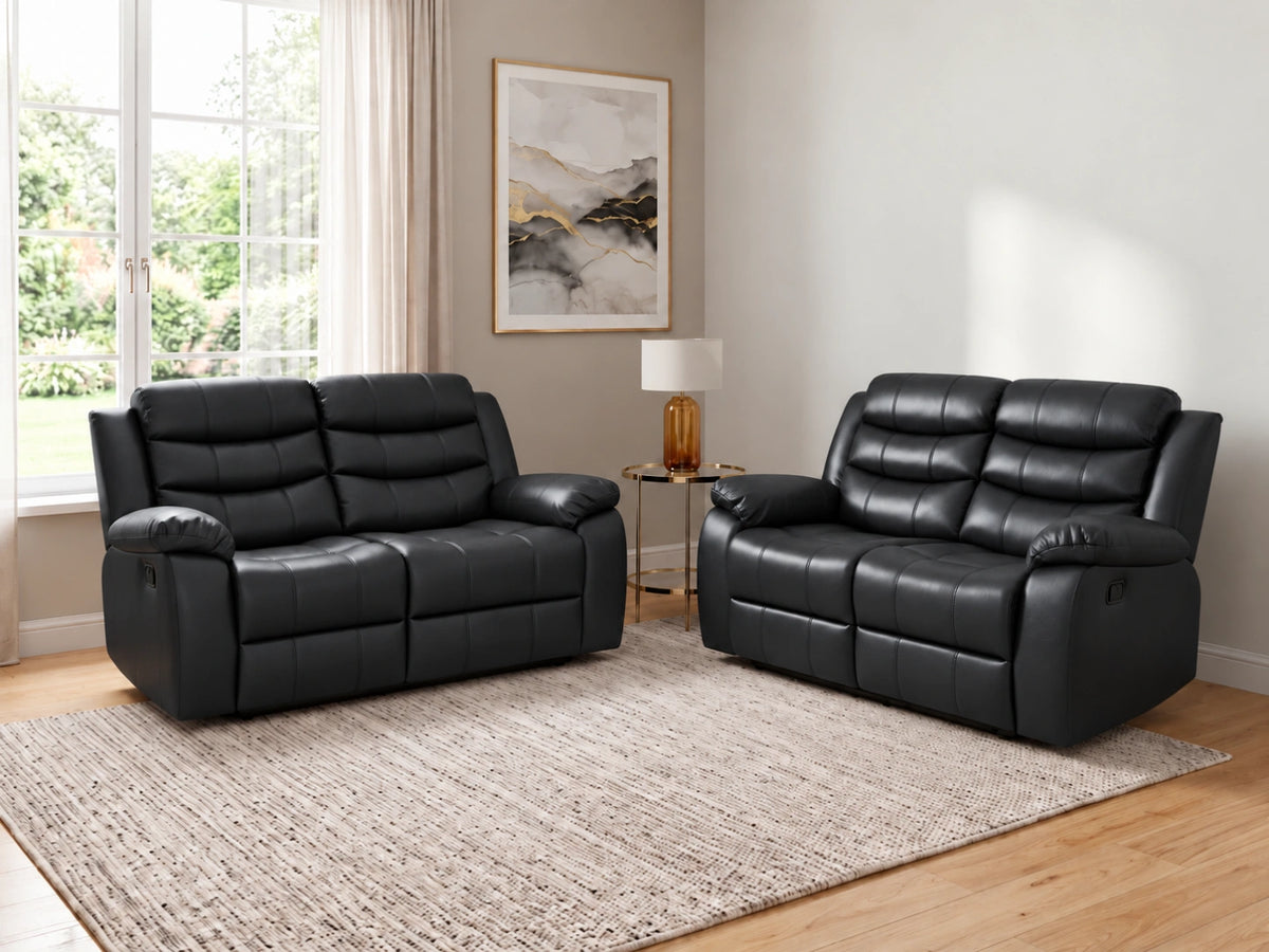 Black Model R Recliner Sofa by Gamzo Outlet, showing a modern two-seater with plush cushions and recliner features.