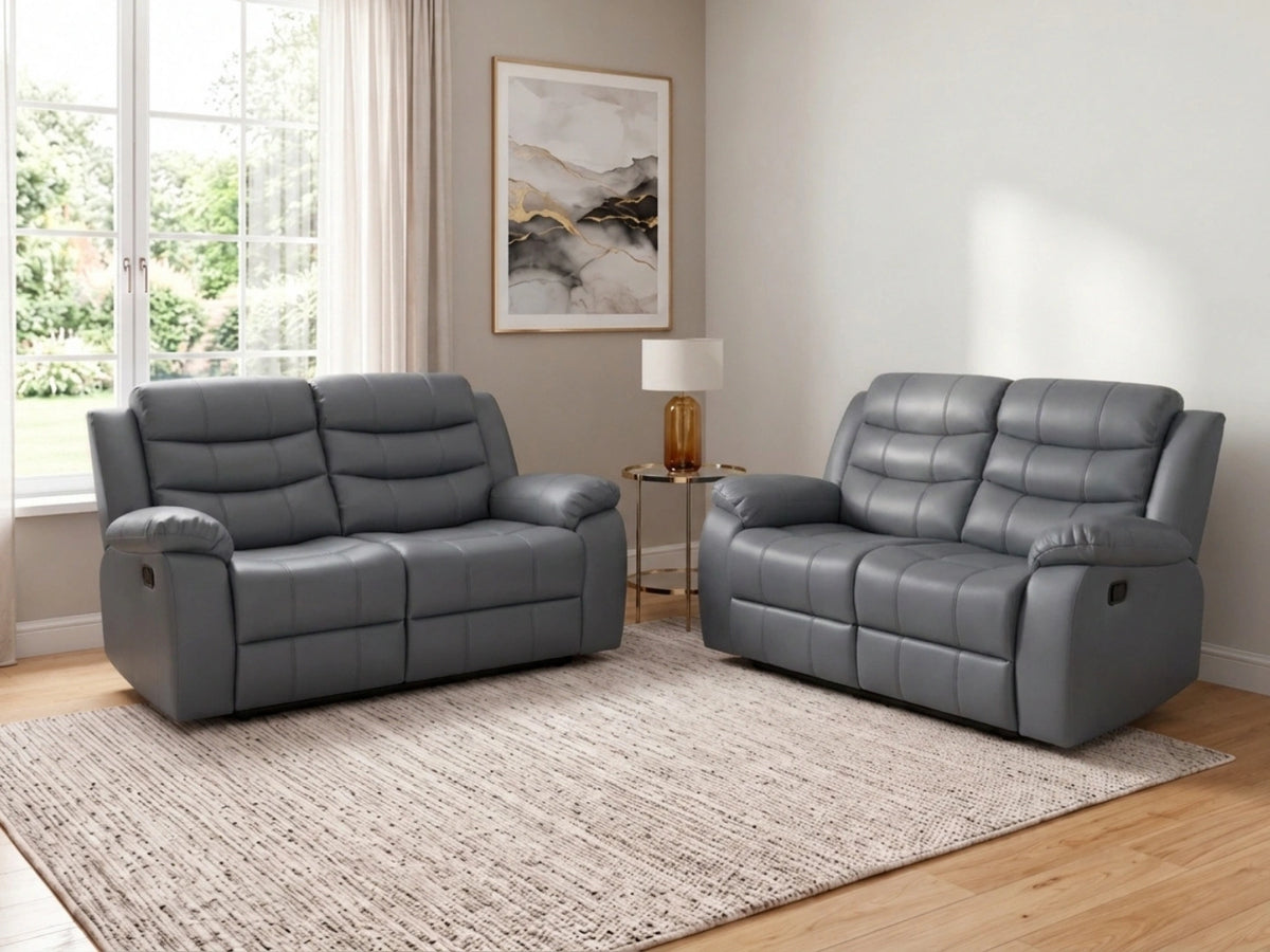 Grey Model R Recliner Sofa by Gamzo Outlet, two-seater with plush cushions and modern design, perfect for living room comfort.