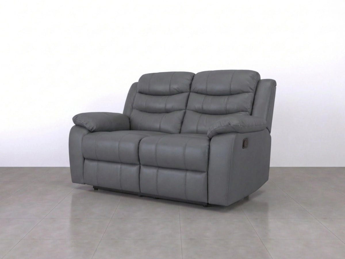 Grey Model R recliner sofa with two seats from Gamzo Outlet, featuring plush cushions and modern design.