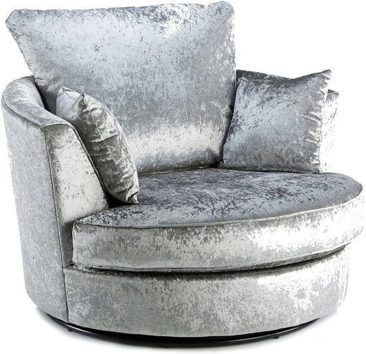 Gamzo Outlet crushed velvet swivel corner chair with plush upholstery and modern design, shown from a front view.