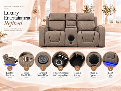 Gamzo Outlet Model B electric recliner sofa, 2-seater mocha fabric with plush cushions and reclining feature.