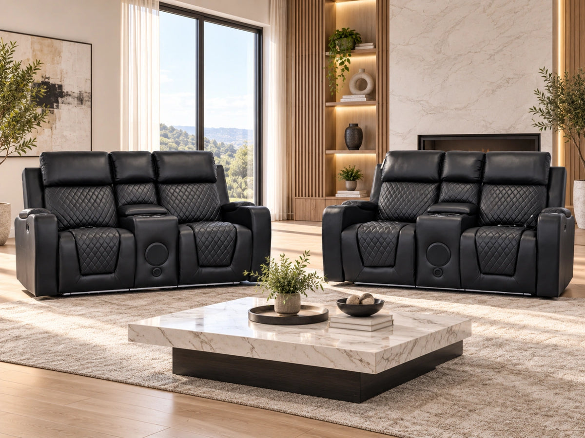 Black Model B electric recliner sofa by Gamzo Outlet, two-seater with plush cushions and modern design.