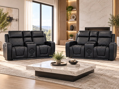 Black Model B electric recliner sofa by Gamzo Outlet, two-seater with plush cushions and modern design.
