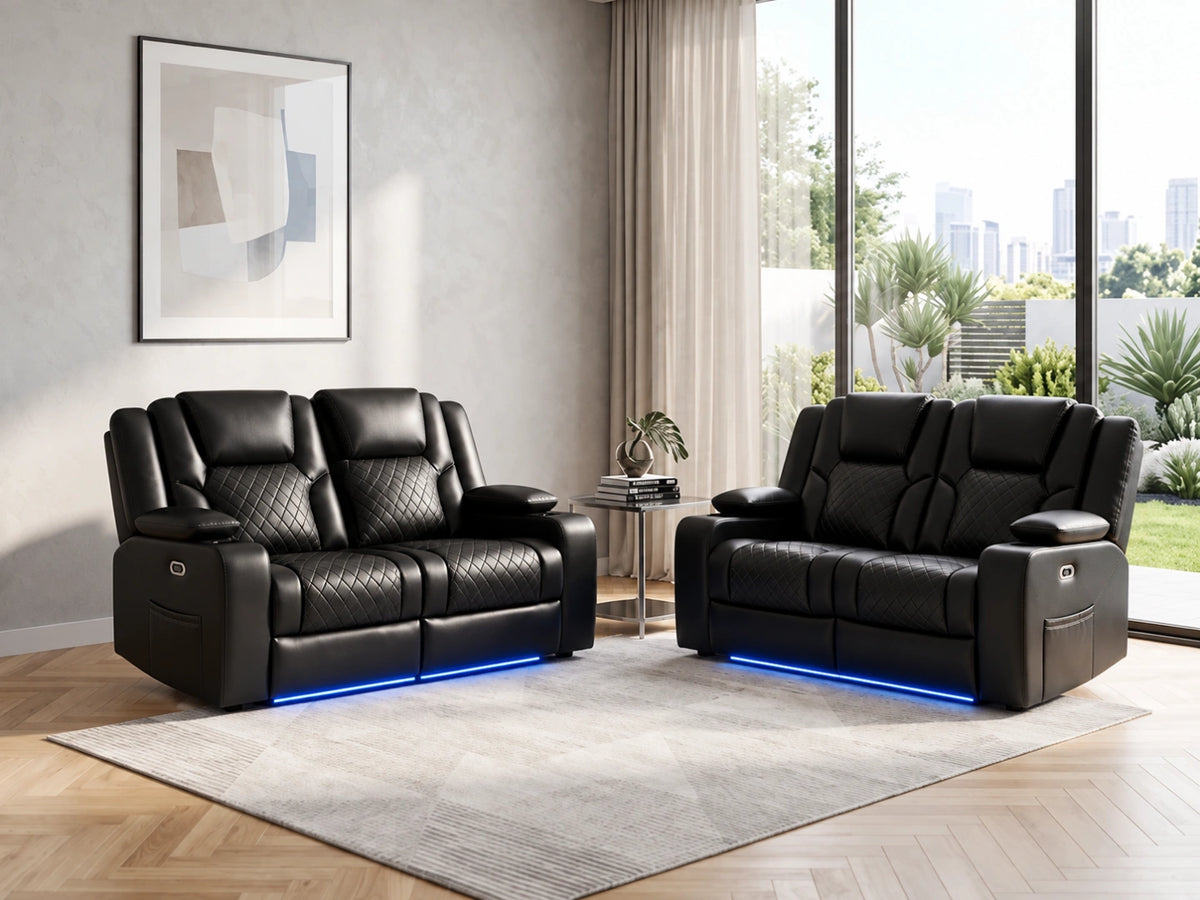 Black Model O electric 2-seater recliner sofa by Gamzo Outlet with plush cushions and modern design.
