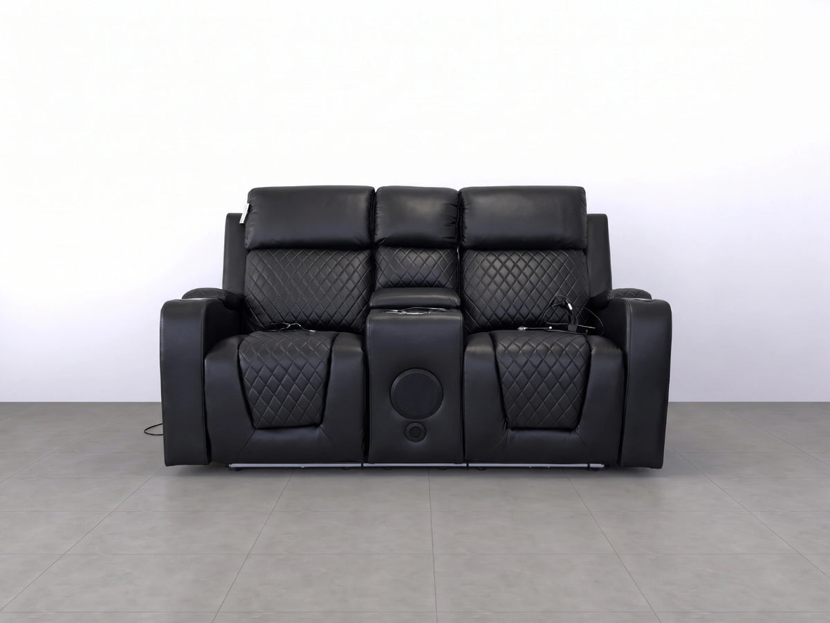 Black Model B electric recliner sofa by Gamzo Outlet, showing a comfortable 2-seater with plush cushions and modern design.