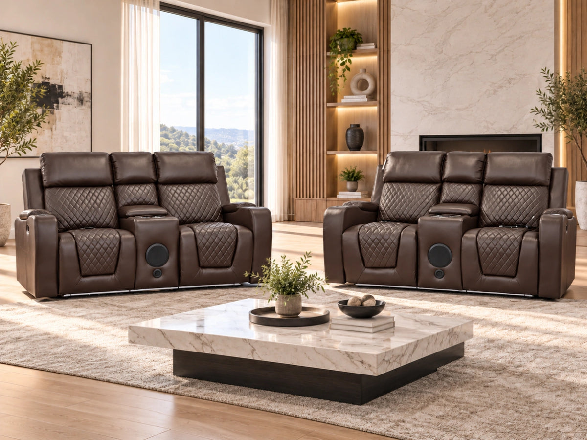 Brown Model B electric recliner sofa by Gamzo Outlet, showing a two-seater with plush cushions and reclined backrest.