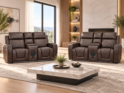 Brown Model B electric recliner sofa by Gamzo Outlet, showing a two-seater with plush cushions and reclined backrest.