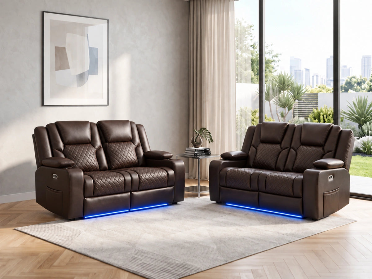 Brown Model O electric recliner sofa with two seats, featuring plush cushions and modern design by Gamzo Outlet.