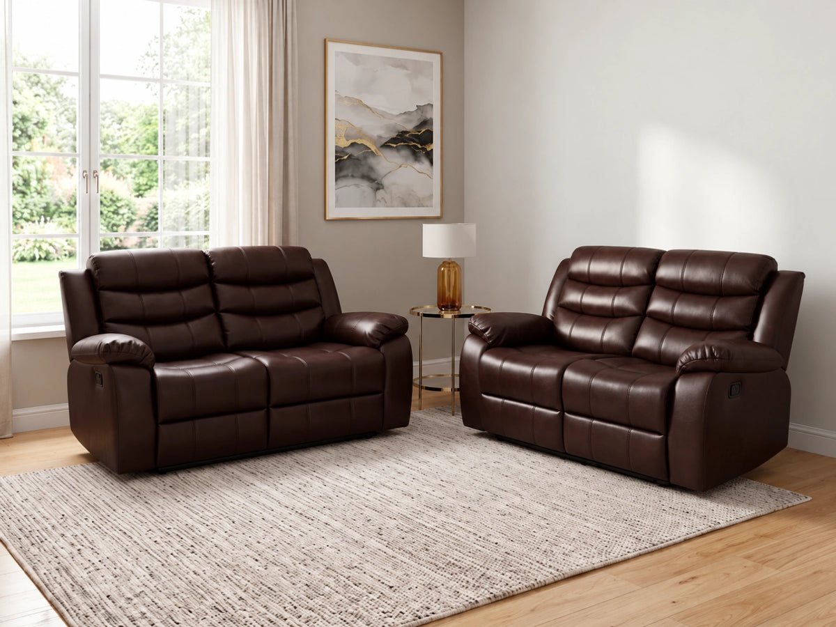 Brown 2-seater Model R Recliner Sofa by Gamzo Outlet, showing plush fabric upholstery and comfortable seating.
